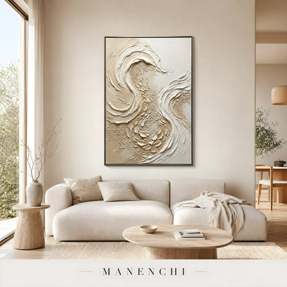 Sculpted Sandstone Swirl abstract painting displayed in light living room