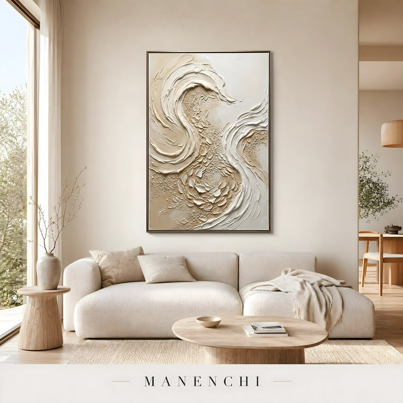 Sculpted Sandstone Swirl abstract painting displayed in light living room