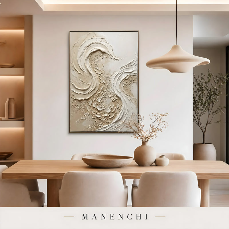 Sculpted Sandstone Swirl abstract painting displayed in modern dining room