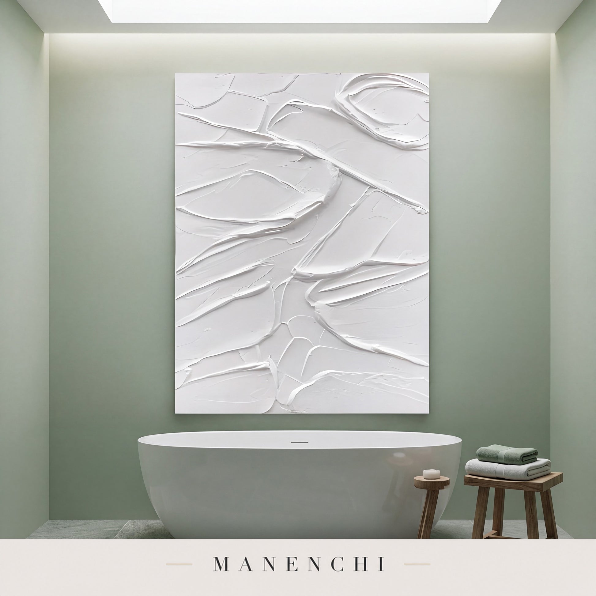Sculpted Serenity abstract painting displayed in bathroom