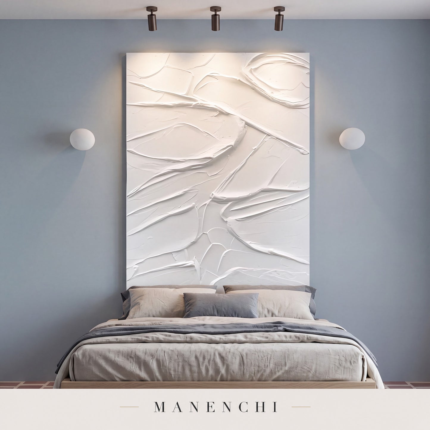 Sculpted Serenity abstract painting displayed in a modern bedroom