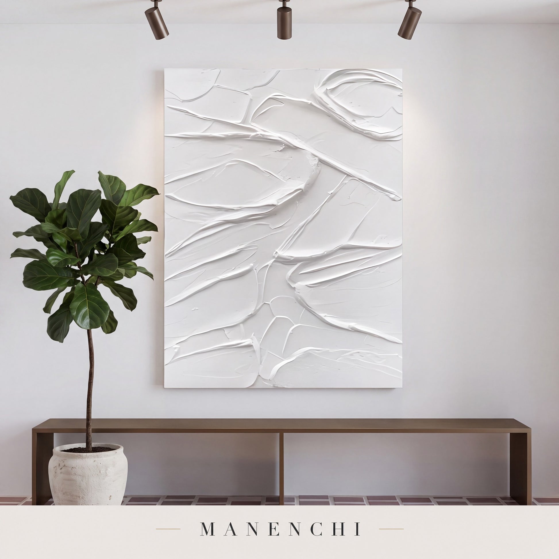 Sculpted Serenity abstract painting displayed in a hallway
