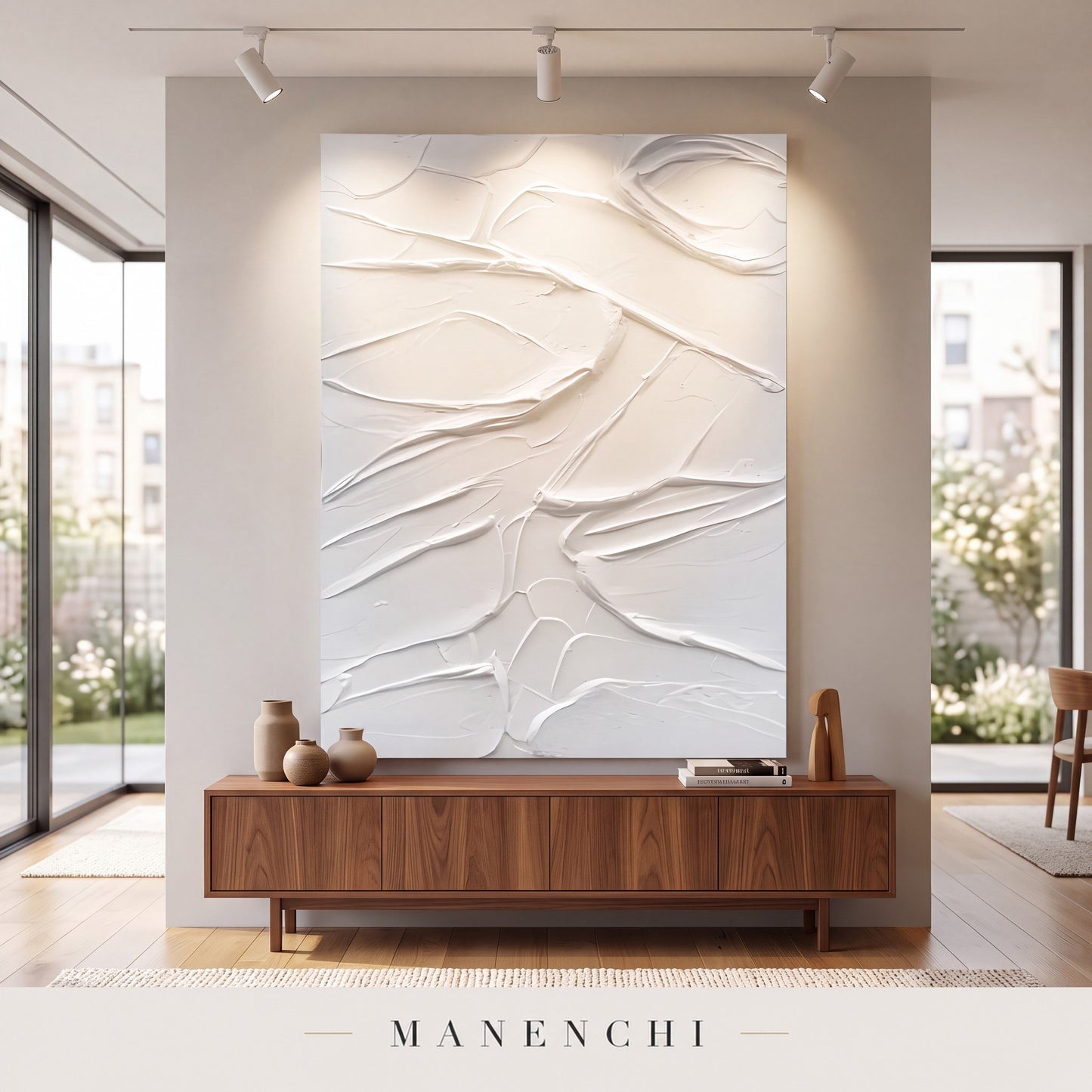 Sculpted Serenity abstract painting displayed in a modern living room