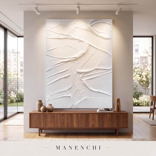 Sculpted Serenity abstract painting displayed in a modern living room