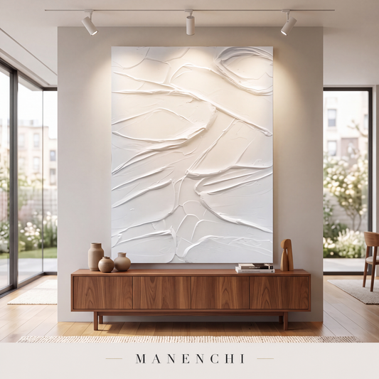 Sculpted Serenity abstract painting displayed in a modern living room