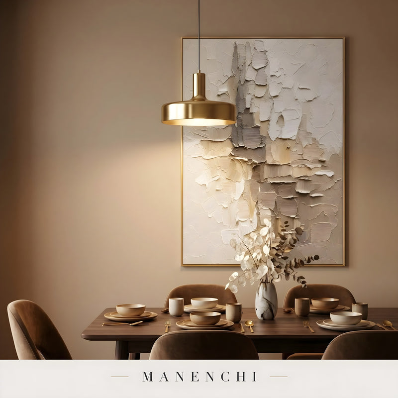 Sculpted Urban Strata abstract painting displayed in dining room art installation