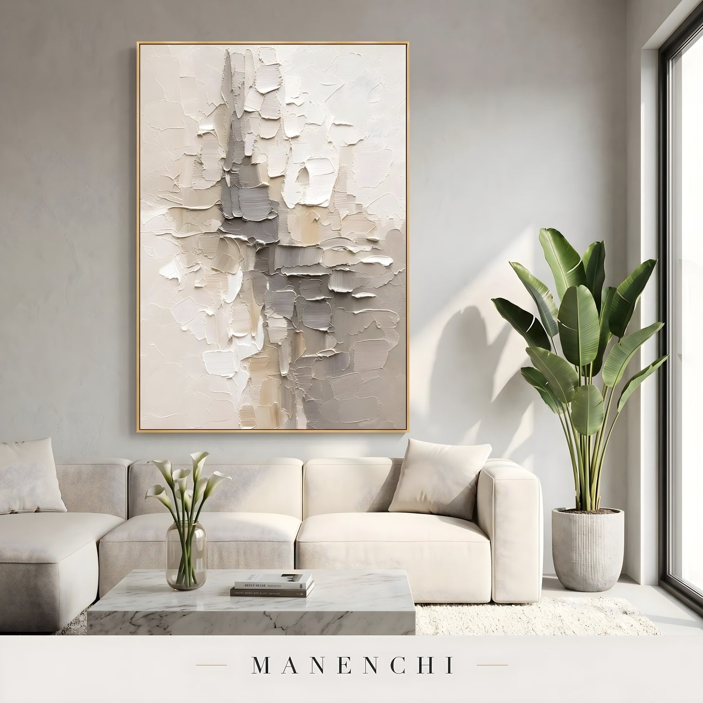 Sculpted Urban Strata abstract painting displayed in living room art display