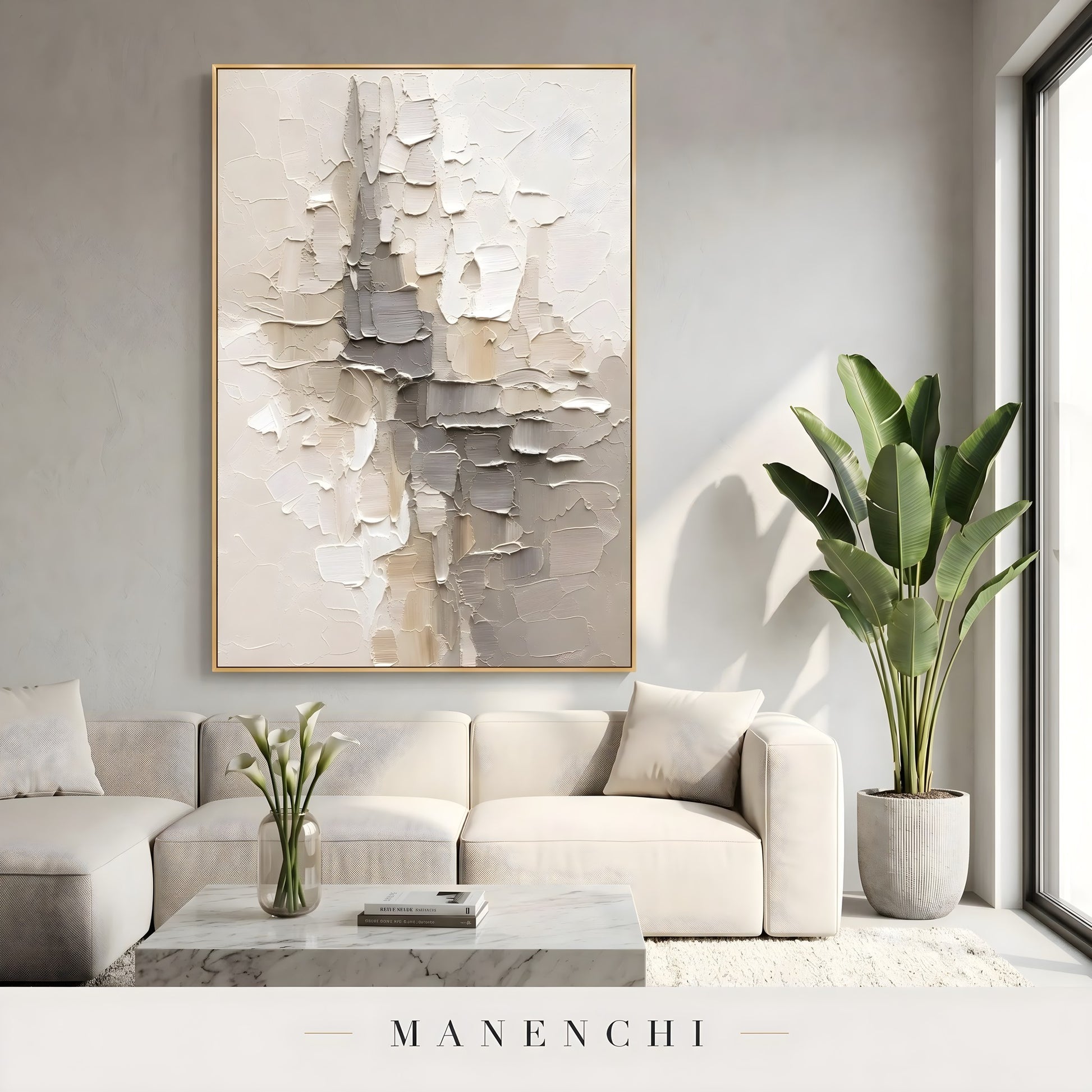 Sculpted Urban Strata abstract painting displayed in living room art display