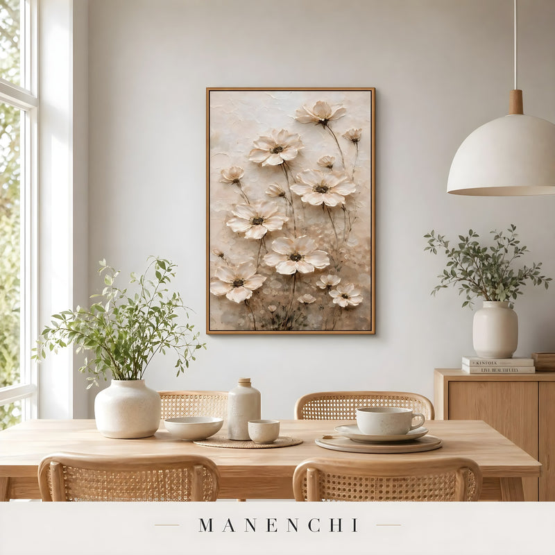 Sculptural Bloom Heirloom abstract painting displayed in dining room table
