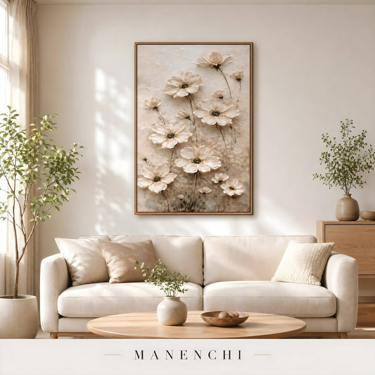 Sculptural Bloom Heirloom abstract painting displayed in living room sofa