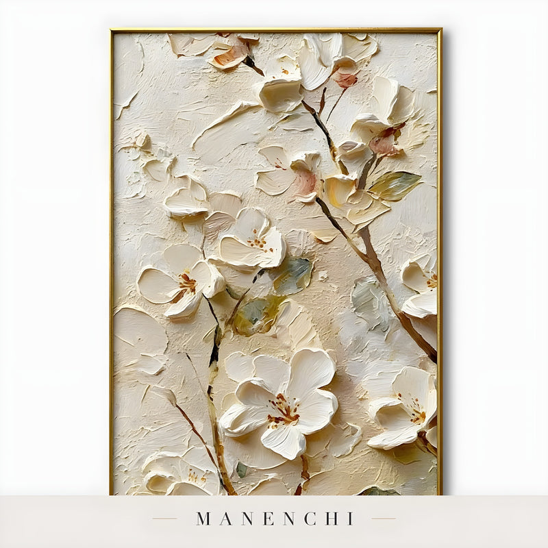 Close-up detail of the textured brushwork in Sculptural Blossom Heirloom