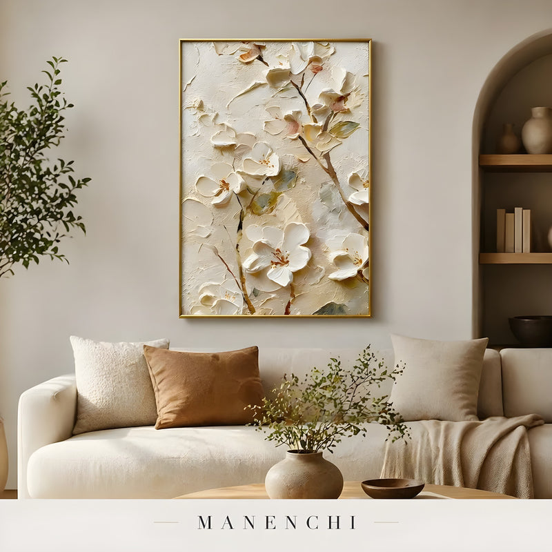 Sculptural Blossom Heirloom abstract painting displayed in interior alcove wall display