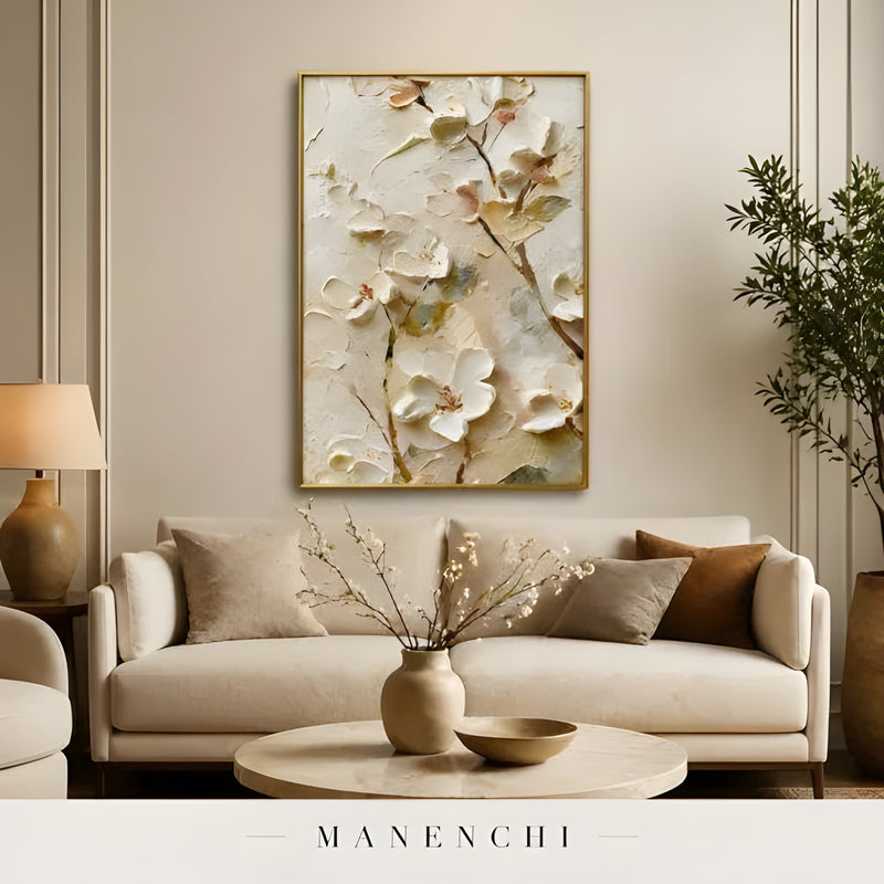 Sculptural Blossom Heirloom abstract painting displayed in living room sofa display