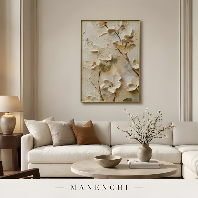 Sculptural Blossom Heirloom abstract painting displayed in minimalist living room display