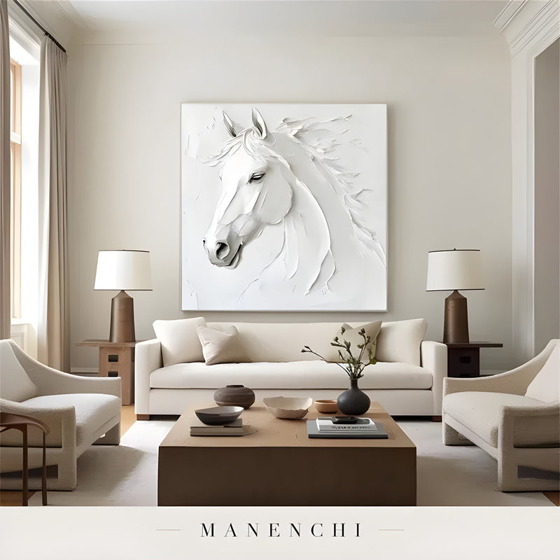 Sculptural Equine Grace abstract painting displayed in formal living room interior