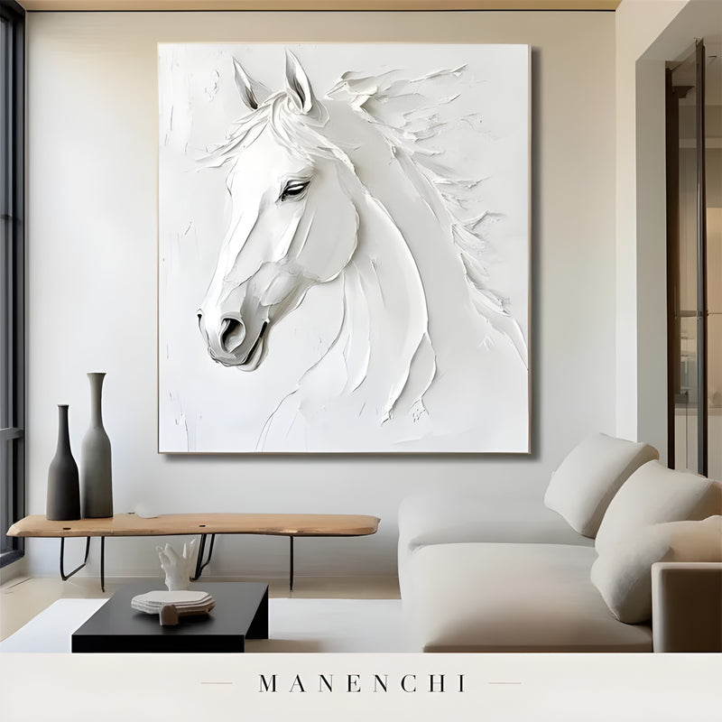 Sculptural Equine Grace abstract painting displayed in living room sofa display