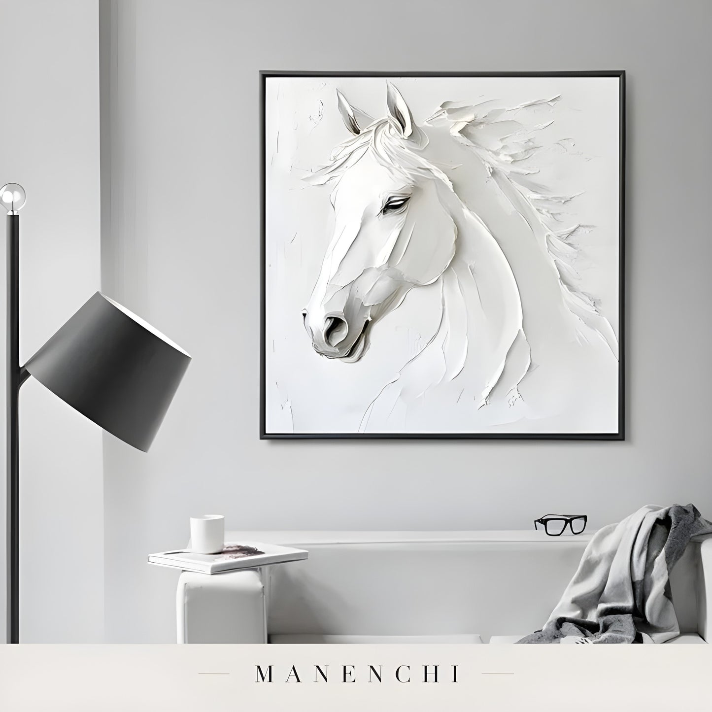 Sculptural Equine Grace abstract painting displayed in sleek black frame art
