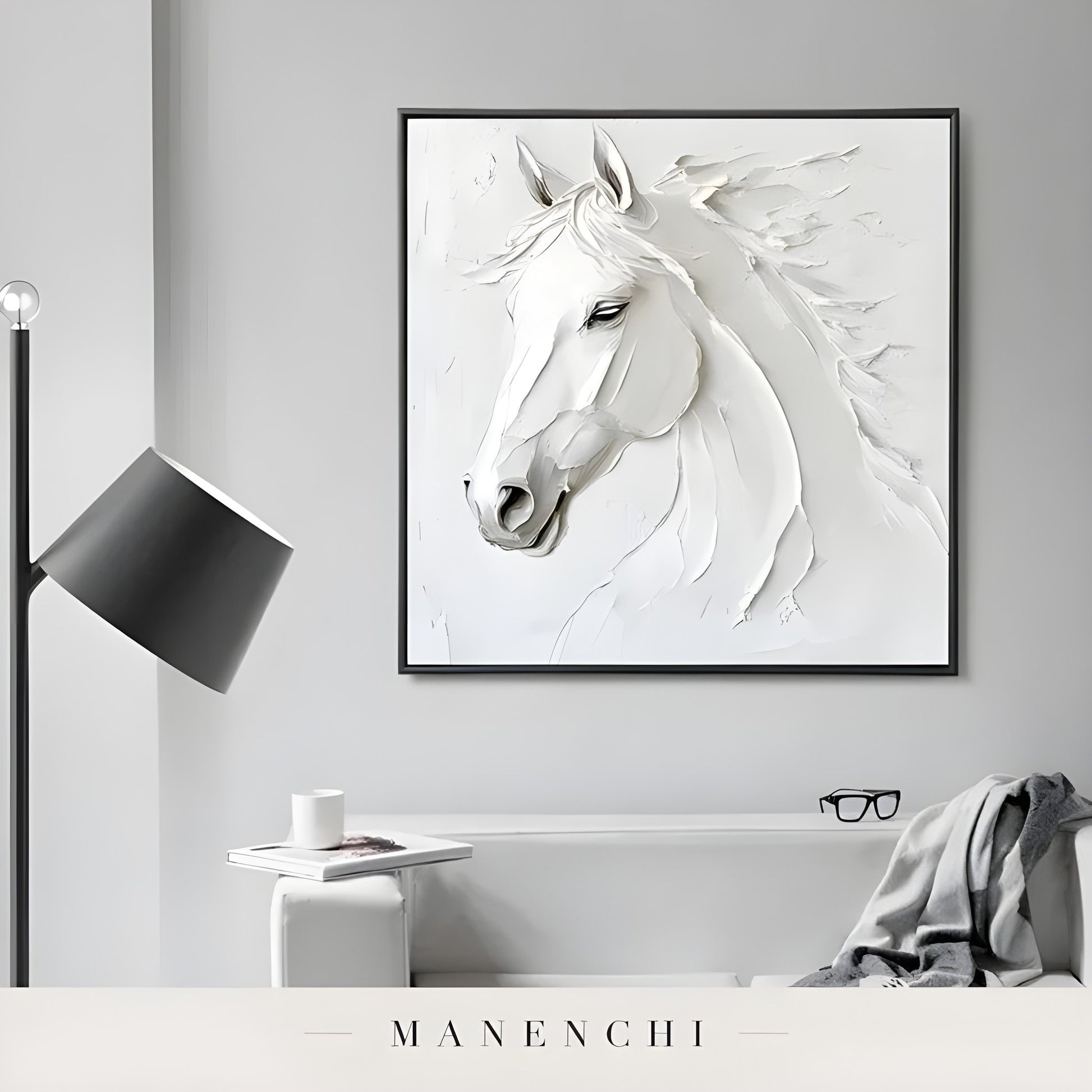 Sculptural Equine Grace abstract painting displayed in sleek black frame art