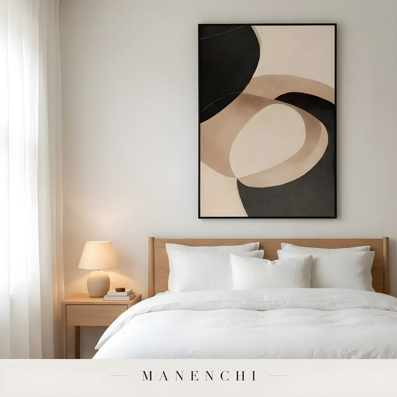Sculptural Shadow Forms abstract painting displayed in cozy bedroom wall art