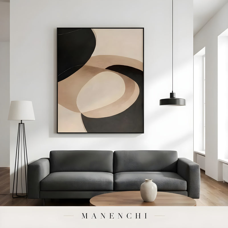 Sculptural Shadow Forms abstract painting displayed in dark sofa lounge area