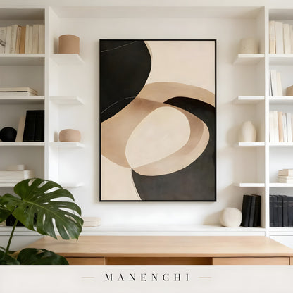 Sculptural Shadow Forms abstract painting displayed in home office shelving nook