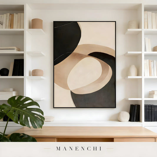 Sculptural Shadow Forms abstract painting displayed in home office shelving nook