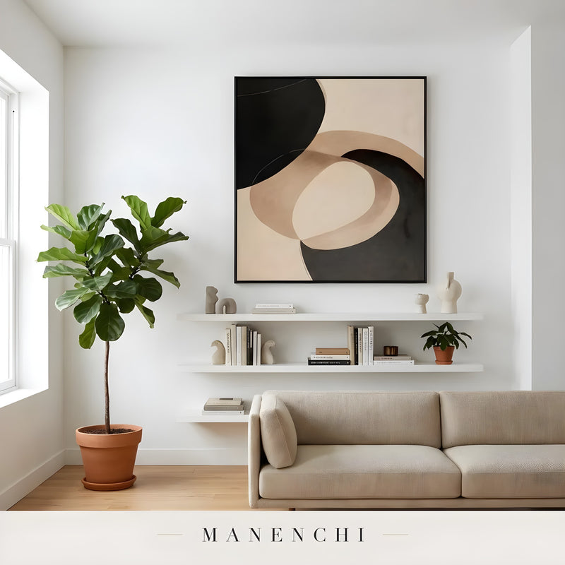 Sculptural Shadow Forms abstract painting displayed in modern living room display