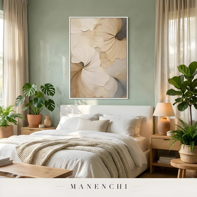 Sculptural Tonal Petals abstract painting displayed in bedroom decor