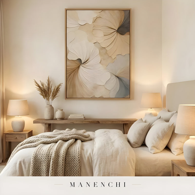 Sculptural Tonal Petals abstract painting displayed in bedroom warm lighting