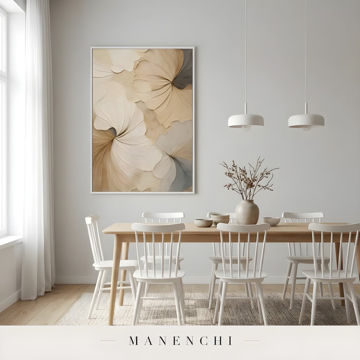 Sculptural Tonal Petals abstract painting displayed in dining room minimalist
