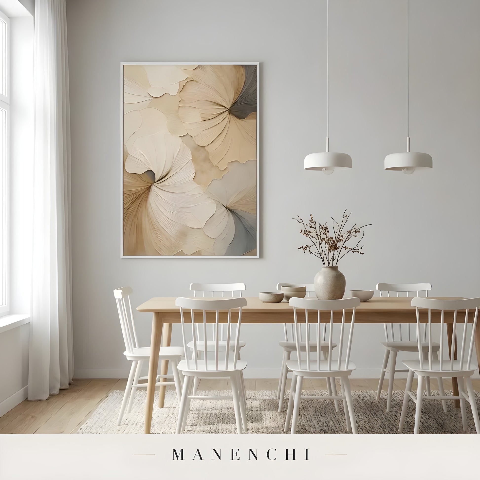 Sculptural Tonal Petals abstract painting displayed in dining room minimalist