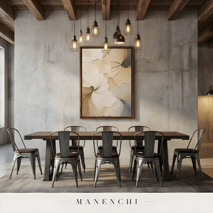 Sculptural Tonal Petals abstract painting displayed in industrial dining room