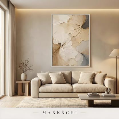 Sculptural Tonal Petals abstract painting displayed in living room neutral