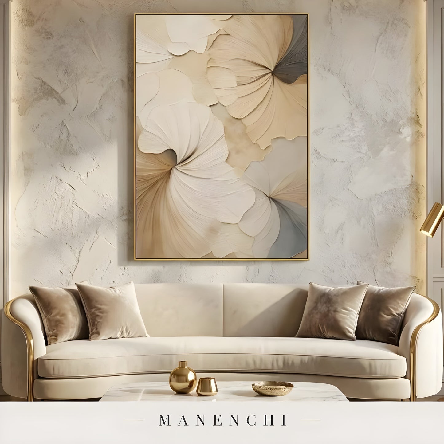 Sculptural Tonal Petals abstract painting displayed in living room sofa