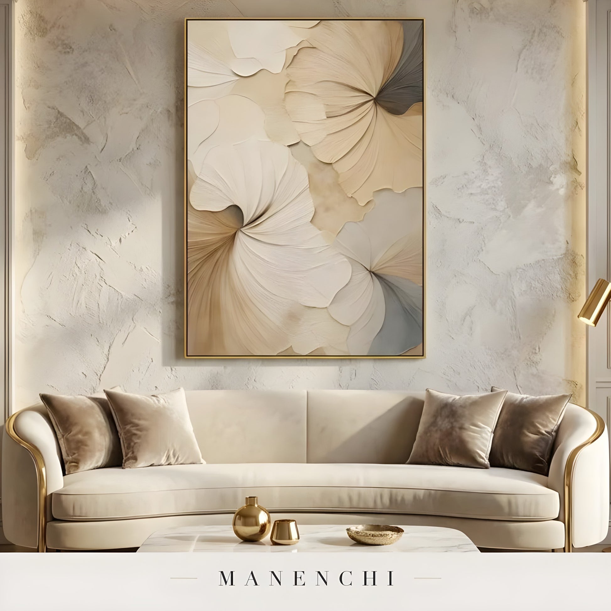 Sculptural Tonal Petals abstract painting displayed in living room sofa