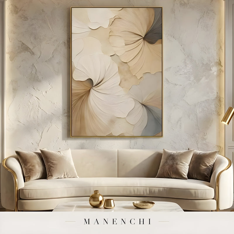Sculptural Tonal Petals abstract painting displayed in living room sofa