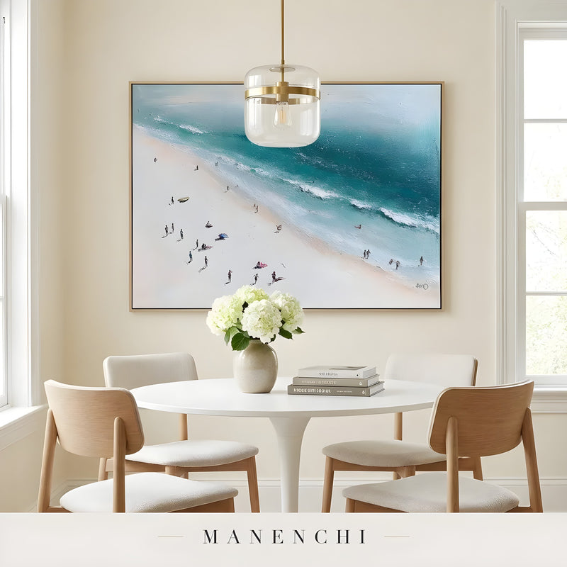 Seaside Aerial Vista abstract painting displayed in dining room table view