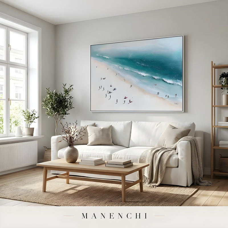 Seaside Aerial Vista abstract painting displayed in living room sofa view