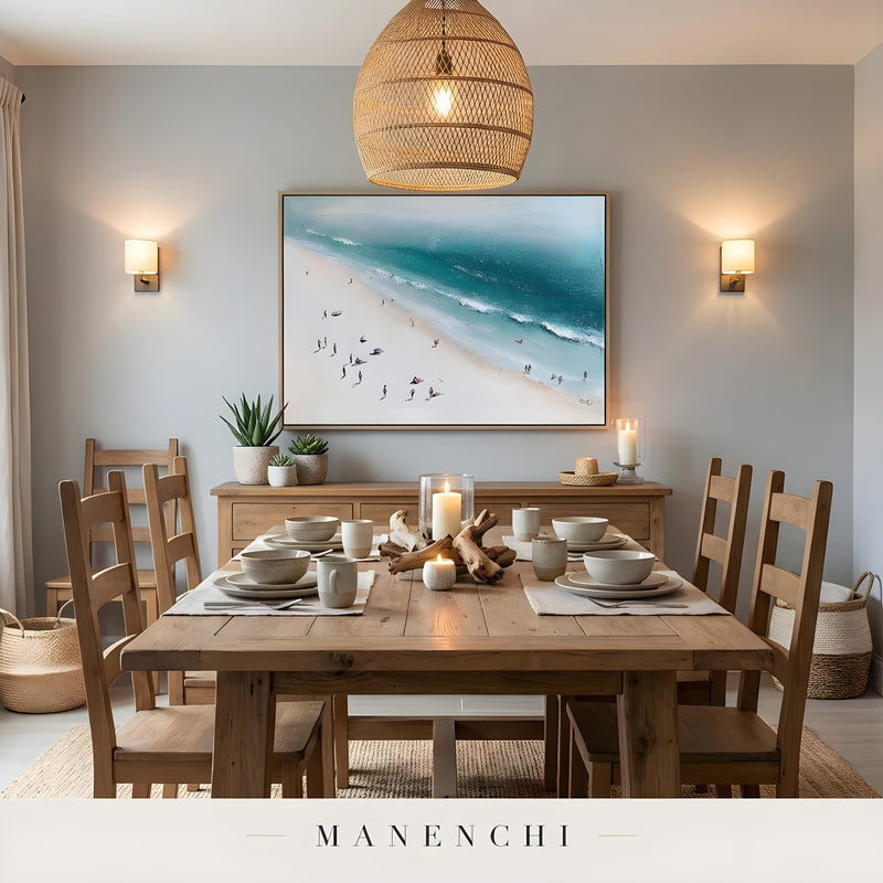 Seaside Aerial Vista abstract painting displayed in rustic dining room setting