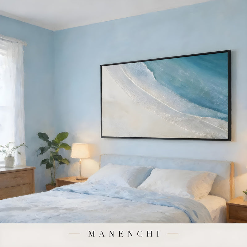 Seaside Horizon Drift abstract painting displayed in bedroom