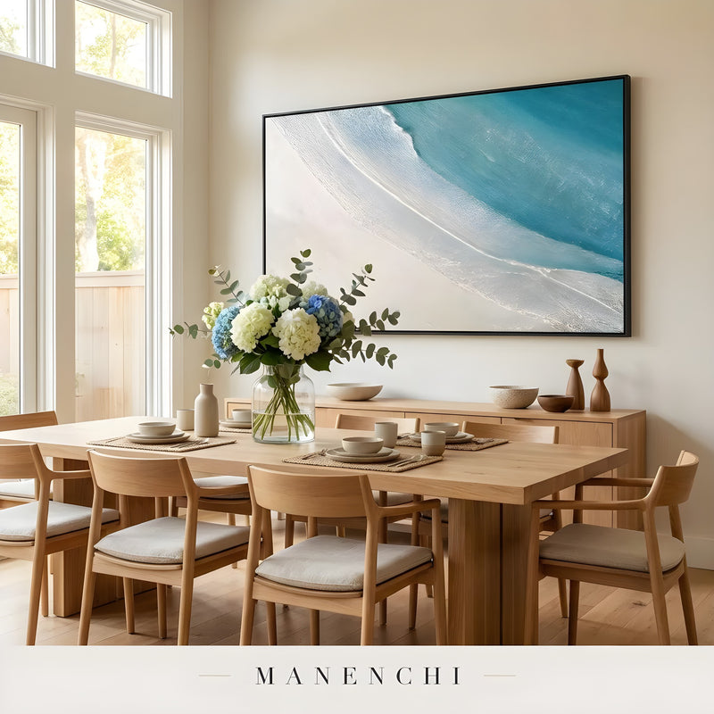 Seaside Horizon Drift abstract painting displayed in dining room