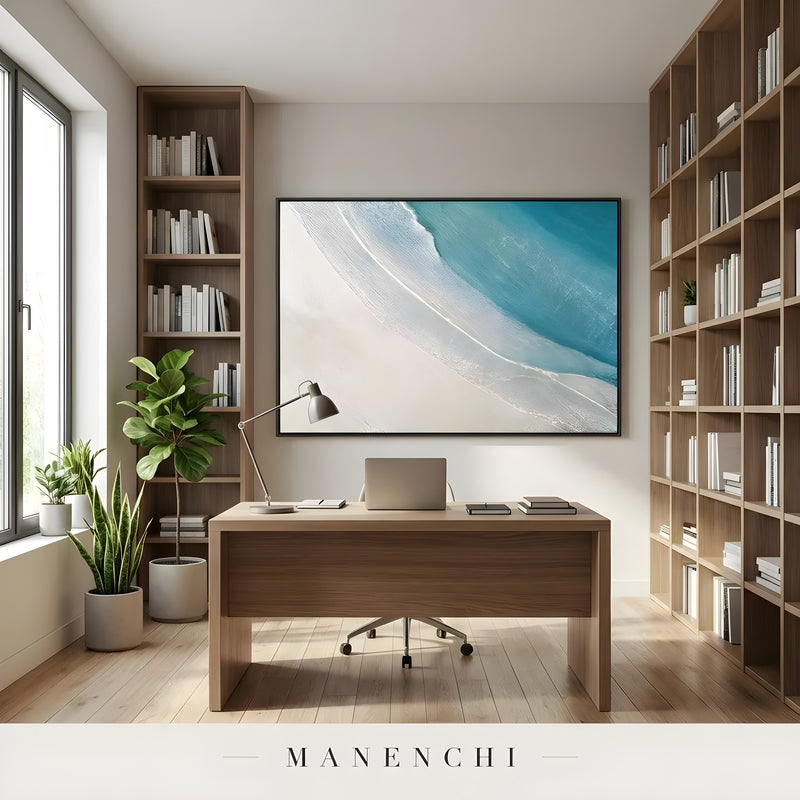 Seaside Horizon Drift abstract painting displayed in home office