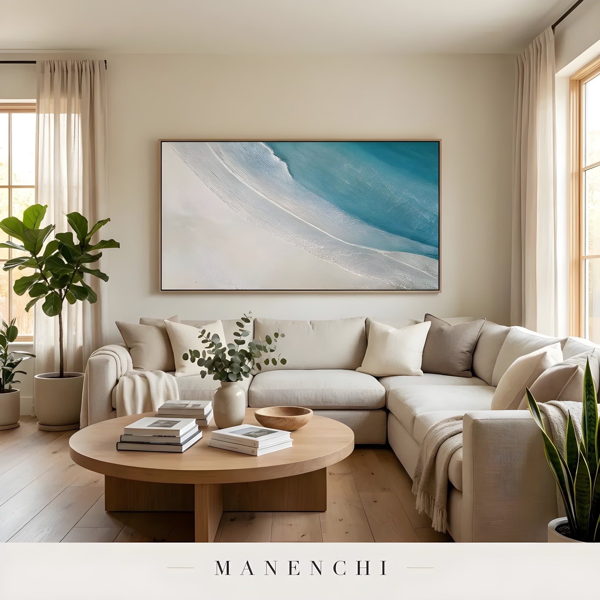 Seaside Horizon Drift abstract painting displayed in living room