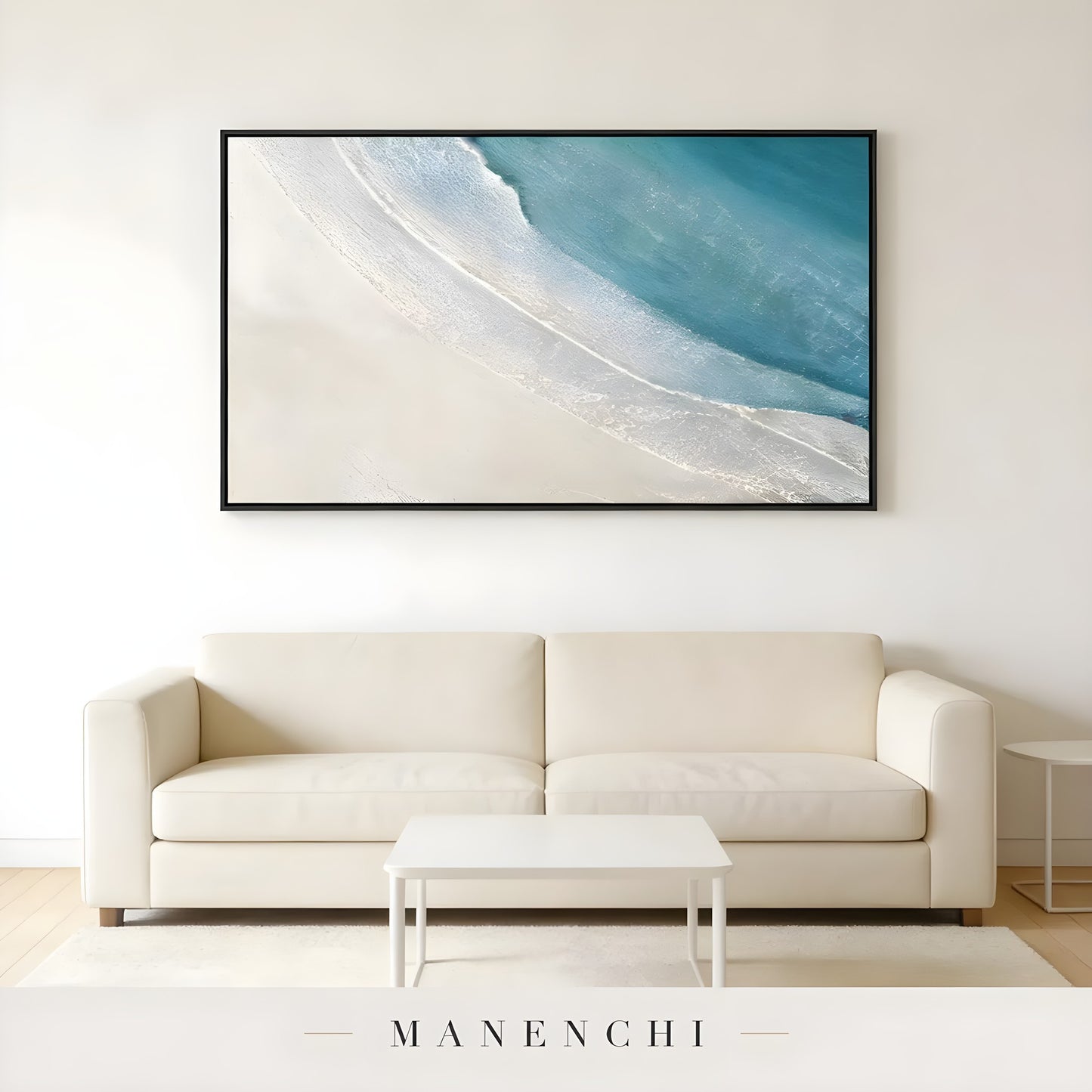 Seaside Horizon Drift abstract painting displayed in modern living room