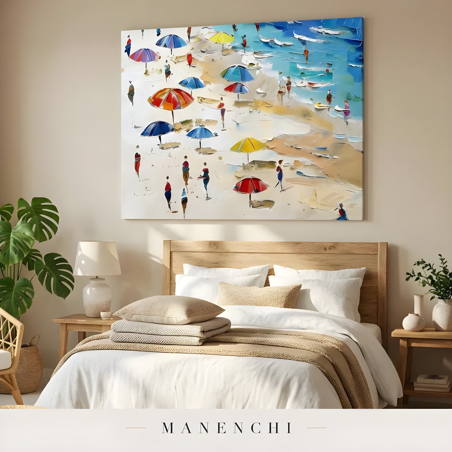 Seaside Impressionist Promenade abstract painting displayed in bedroom wall art
