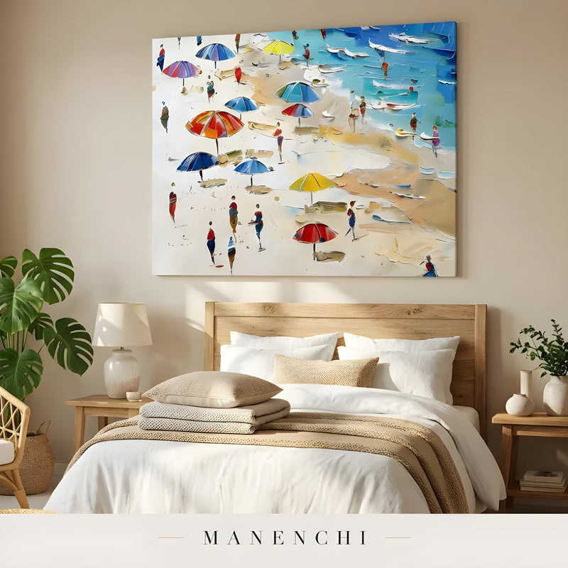 Seaside Impressionist Promenade abstract painting displayed in bedroom wall art
