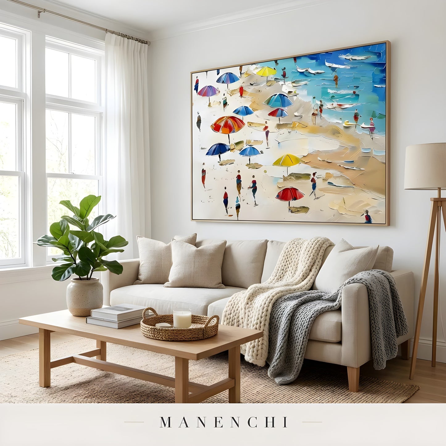 Seaside Impressionist Promenade abstract painting displayed in cozy living room decor