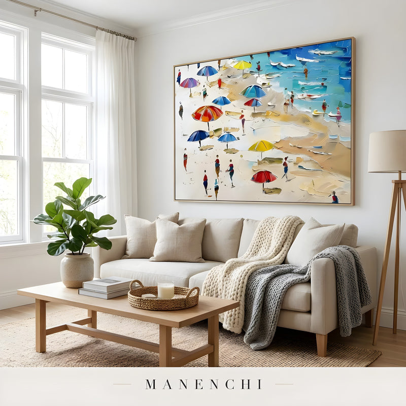 Seaside Impressionist Promenade abstract painting displayed in cozy living room decor