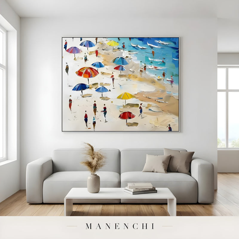 Seaside Impressionist Promenade abstract painting displayed in modern living room