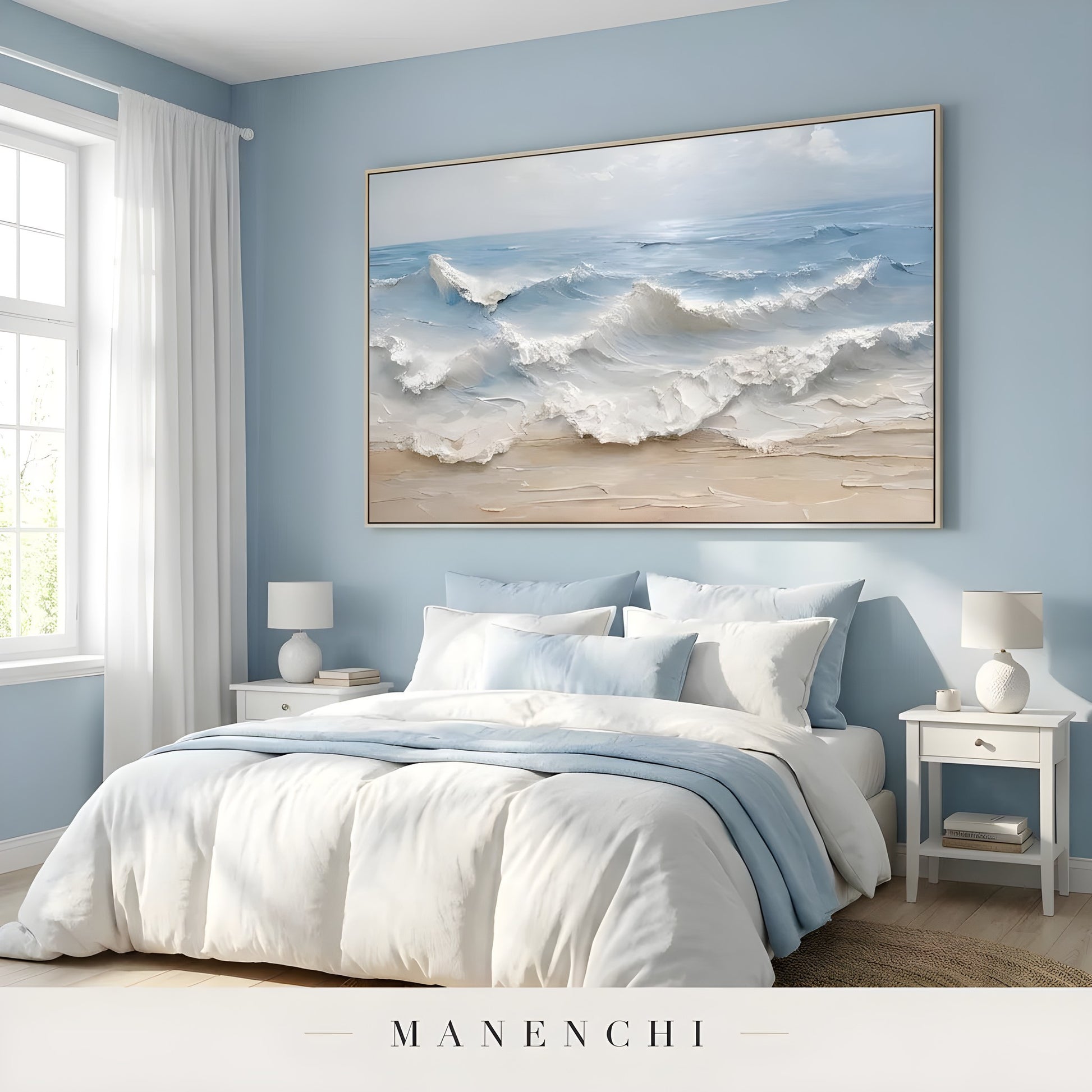Seaside Sculpted Crest abstract painting displayed in bedroom scene